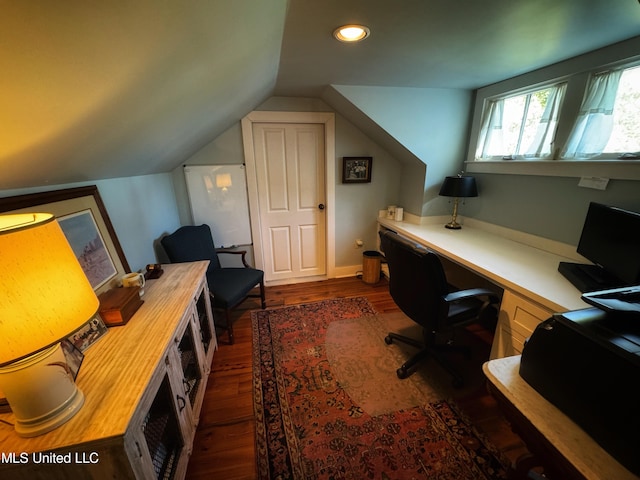 office space with lofted ceiling and dark hardwood / wood-style floors