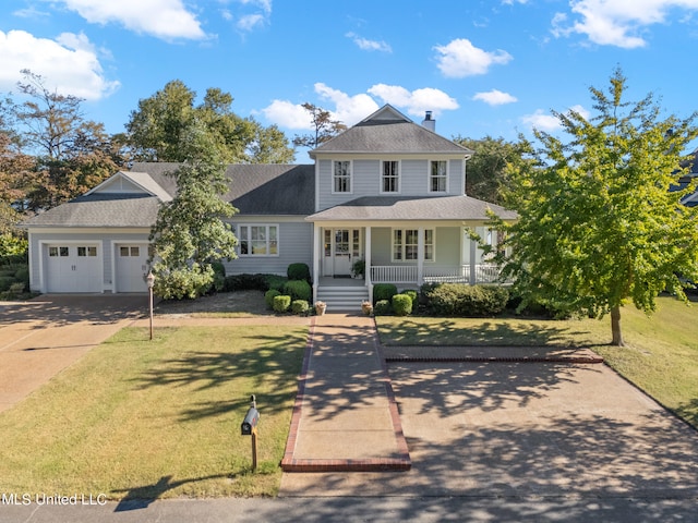 view of front of property featuring a garage, a front lawn, and a porch