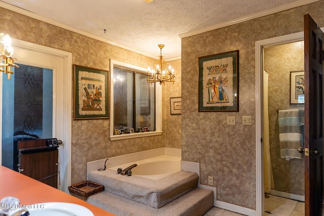 144 Gum Branch To Highway 25 Road, Louisville, MS 39339 - bathroom featuring a chandelier, a garden tub, a textured ceiling, ornamental molding, and tile patterned floors