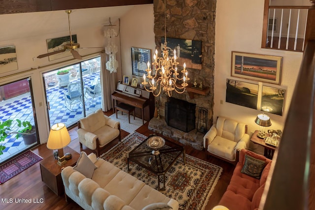 144 Gum Branch To Highway 25 Road, Louisville, MS 39339 - living room featuring a stone fireplace, wood finished floors, a ceiling fan, and lofted ceiling