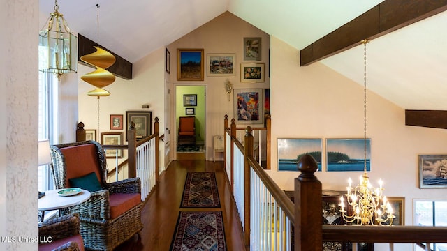 144 Gum Branch To Highway 25 Road, Louisville, MS 39339 - hallway featuring a chandelier, wood finished floors, an upstairs landing, and high vaulted ceiling