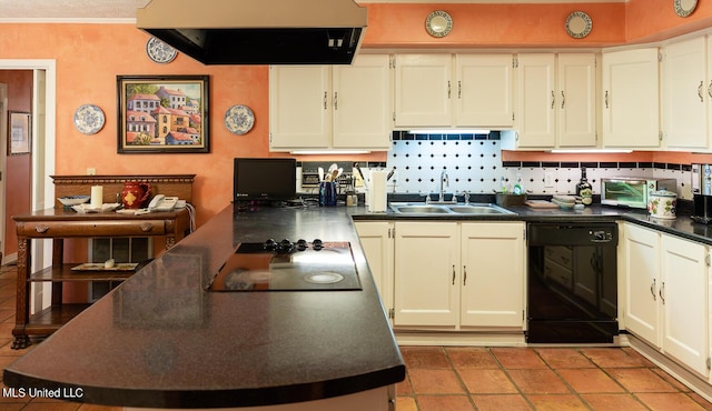 144 Gum Branch To Highway 25 Road, Louisville, MS 39339 - kitchen with black appliances, wall chimney range hood, dark countertops, a sink, and a peninsula