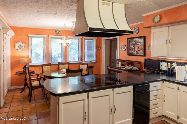 144 Gum Branch To Highway 25 Road, Louisville, MS 39339 - kitchen with a textured ceiling, a peninsula, black electric cooktop, a chandelier, and exhaust hood