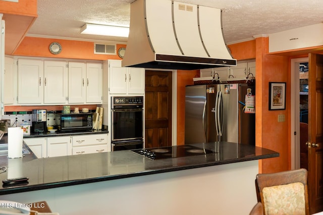 144 Gum Branch To Highway 25 Road, Louisville, MS 39339 - kitchen featuring a textured ceiling, black appliances, wall chimney exhaust hood, dark countertops, and white cabinets