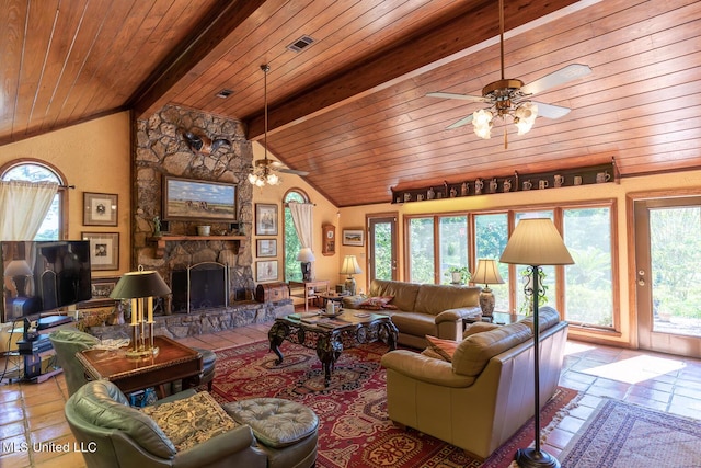 144 Gum Branch To Highway 25 Road, Louisville, MS 39339 - living room featuring a ceiling fan, wood ceiling, and a stone fireplace