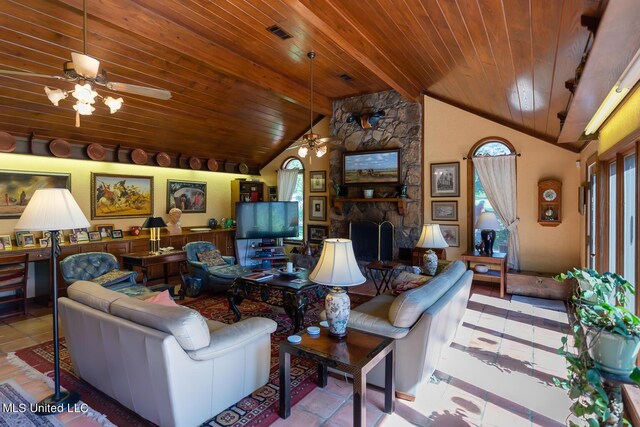 144 Gum Branch To Highway 25 Road, Louisville, MS 39339 - living area with a ceiling fan, vaulted ceiling, wooden ceiling, and a fireplace