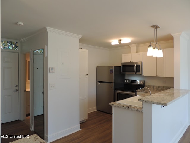 kitchen with dark wood-style floors, crown molding, appliances with stainless steel finishes, a sink, and a peninsula