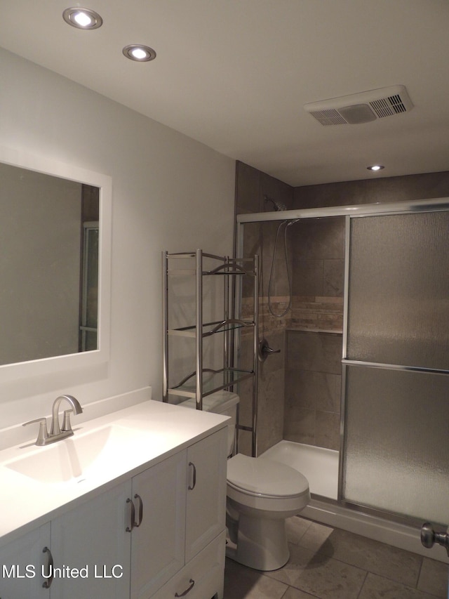 full bath featuring visible vents, toilet, a shower stall, vanity, and tile patterned flooring