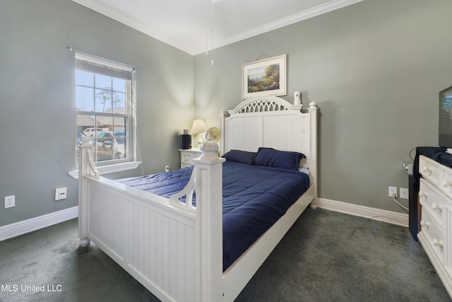 bedroom featuring ornamental molding, carpet flooring, and baseboards