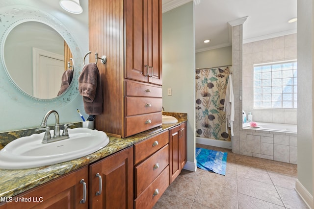 full bath featuring double vanity, curtained shower, ornamental molding, a sink, and tile patterned floors