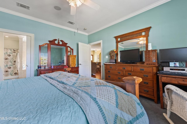 carpeted bedroom with a ceiling fan, visible vents, and crown molding