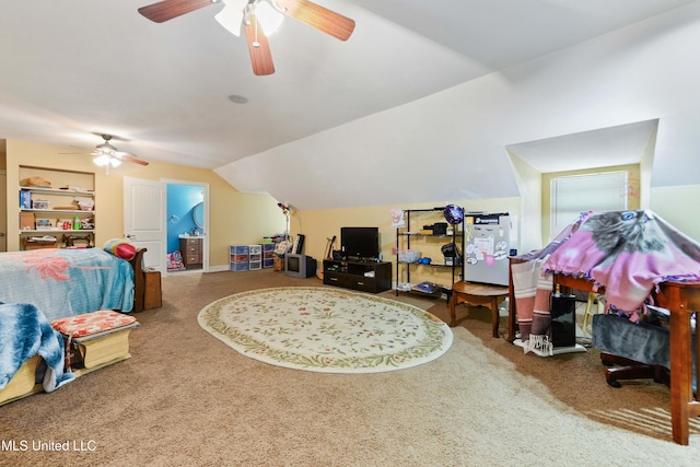 bedroom featuring ceiling fan, carpet, and vaulted ceiling