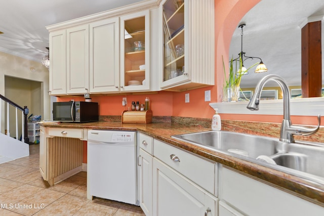 kitchen featuring light tile patterned floors, glass insert cabinets, a sink, black microwave, and dishwasher