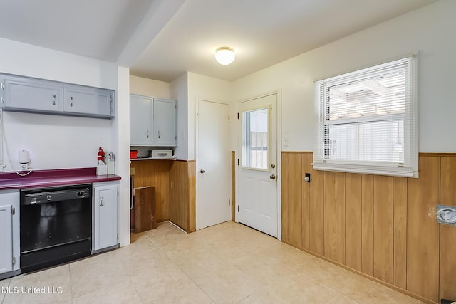 kitchen featuring wood walls, dishwasher, and gray cabinets