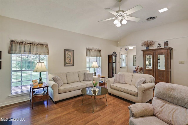 727 Laney Dr, Clinton, MS 39056 - living room featuring lofted ceiling, ceiling fan, and wood finished floors