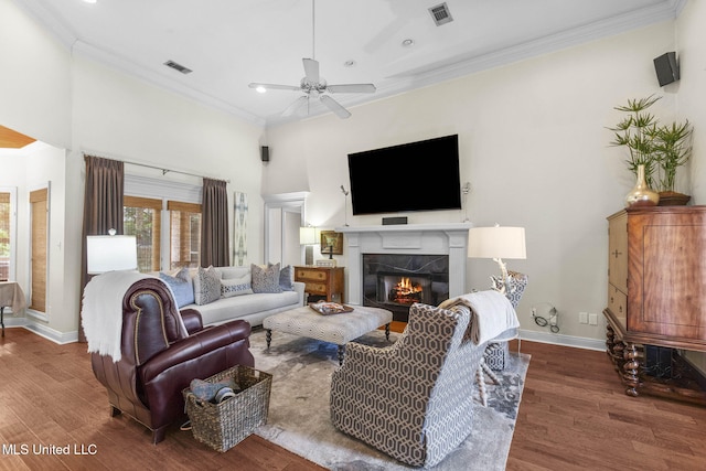 141 Whisper Lake Blvd, Madison, MS 39110 - living room featuring a high end fireplace, crown molding, ceiling fan, wood finished floors, and recessed lighting