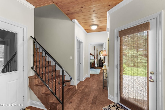 141 Whisper Lake Blvd, Madison, MS 39110 - foyer entrance with wood ceiling, ornamental molding, dark wood-type flooring, plenty of natural light, and stairs