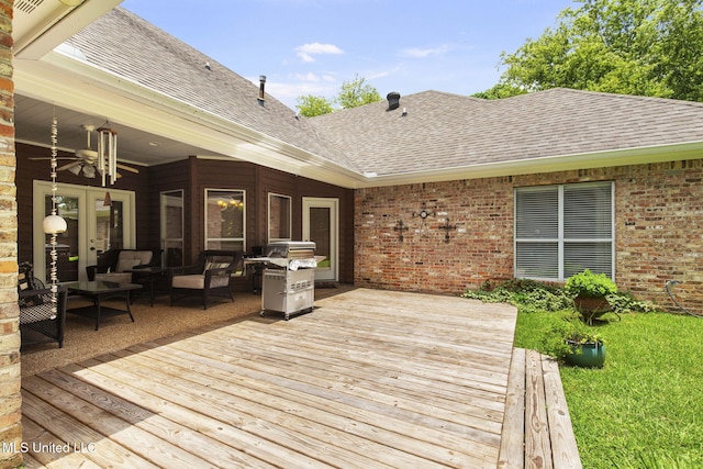 141 Whisper Lake Blvd, Madison, MS 39110 - wooden terrace featuring a grill, french doors, ceiling fan, an outdoor hangout area, and a lawn
