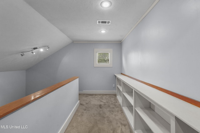 107 Lakepointe Dr, Madison, MS 39110 - hallway with carpet floors, an upstairs landing, baseboards, a textured ceiling, and lofted ceiling