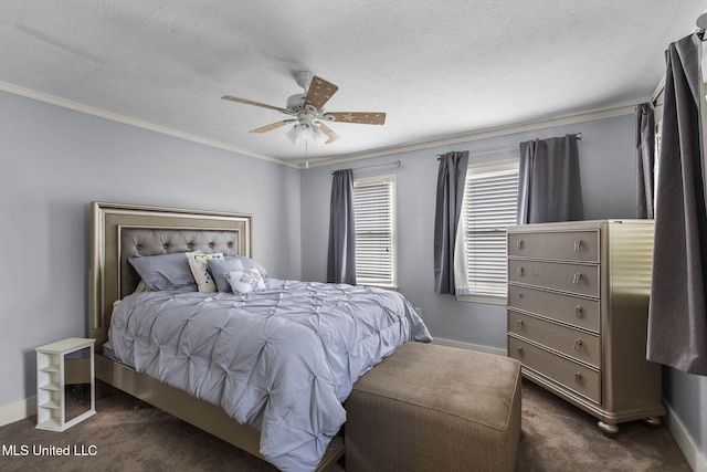 107 Lakepointe Dr, Madison, MS 39110 - bedroom with dark carpet, ornamental molding, baseboards, a ceiling fan, and a textured ceiling