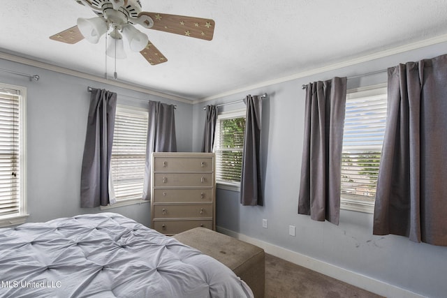 107 Lakepointe Dr, Madison, MS 39110 - bedroom with carpet, baseboards, ornamental molding, a ceiling fan, and a textured ceiling