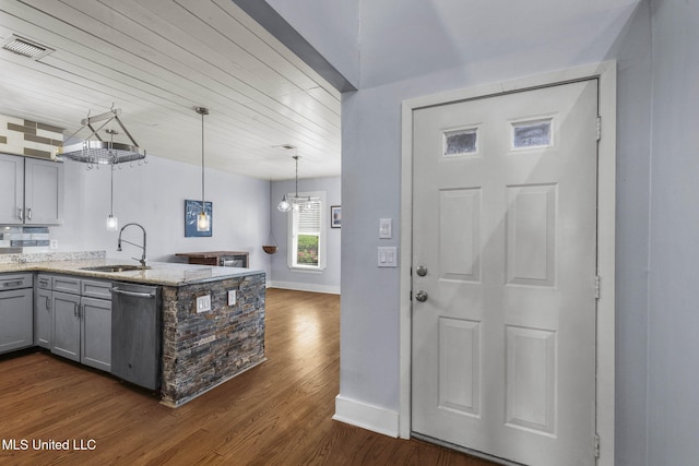 107 Lakepointe Dr, Madison, MS 39110 - kitchen featuring stainless steel dishwasher, a sink, gray cabinets, dark wood-type flooring, and light stone countertops