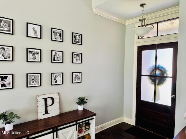 foyer entrance with dark wood-type flooring, crown molding, and baseboards