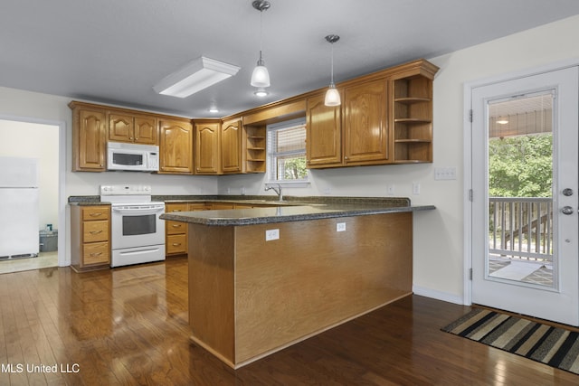 148 Acacia Ave, Biloxi, MS 39530 - kitchen featuring white appliances, open shelves, dark wood-type flooring, and brown cabinets