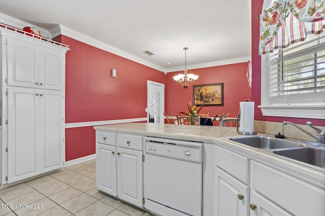 kitchen with dishwasher, a chandelier, white cabinets, a peninsula, and light tile patterned floors