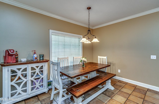 350 Edgewood Xing, Brandon, MS 39042 - dining room with ornamental molding, a chandelier, and tile patterned flooring