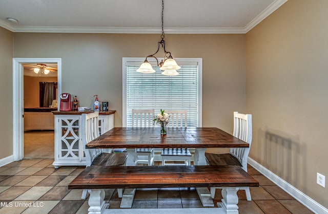 350 Edgewood Xing, Brandon, MS 39042 - dining room featuring ornamental molding, light tile patterned flooring, ceiling fan, and a chandelier