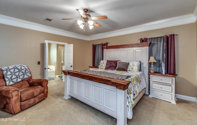350 Edgewood Xing, Brandon, MS 39042 - bedroom featuring crown molding, light carpet, ceiling fan, and ensuite bathroom