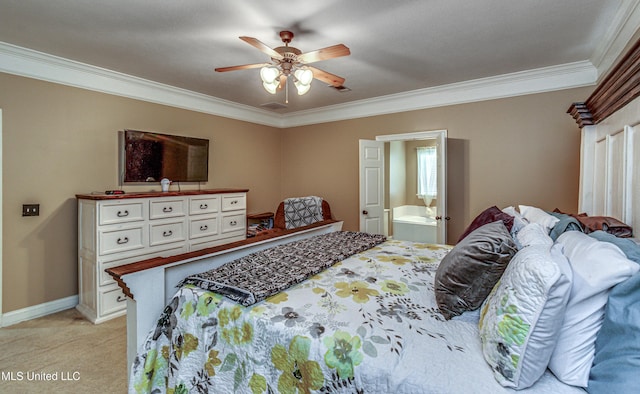 350 Edgewood Xing, Brandon, MS 39042 - bedroom featuring light carpet, crown molding, ensuite bath, and a ceiling fan