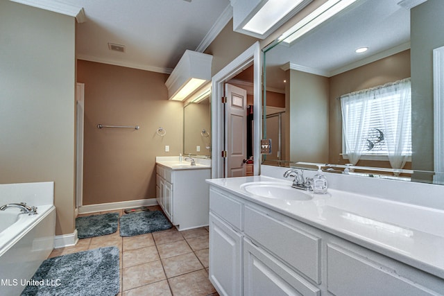 350 Edgewood Xing, Brandon, MS 39042 - full bathroom with ornamental molding, two vanities, a bath, tile patterned floors, and a shower with shower door