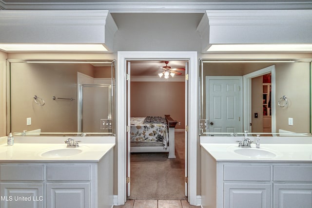 350 Edgewood Xing, Brandon, MS 39042 - full bathroom featuring two vanities, ensuite bathroom, a ceiling fan, a stall shower, and crown molding
