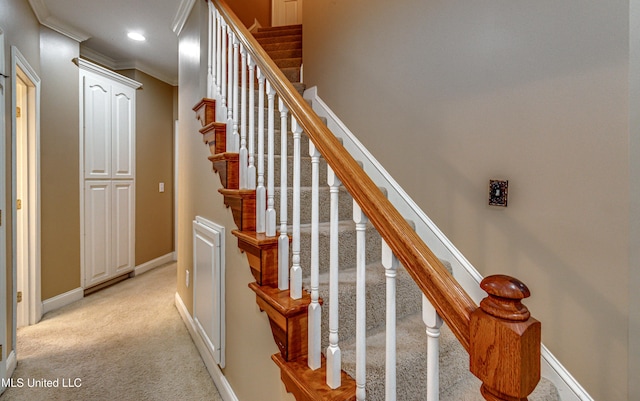 350 Edgewood Xing, Brandon, MS 39042 - stairway with carpet flooring, crown molding, and recessed lighting