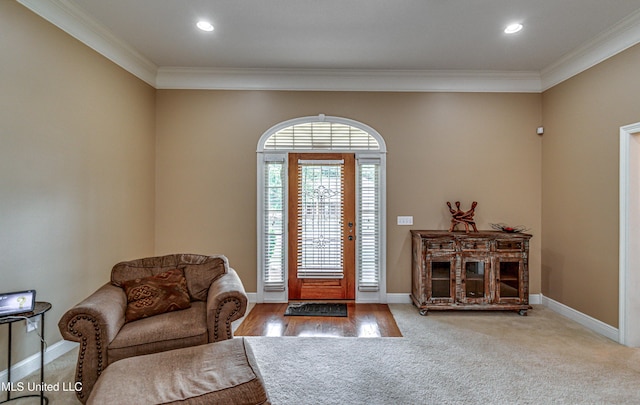 350 Edgewood Xing, Brandon, MS 39042 - carpeted entryway featuring crown molding and recessed lighting
