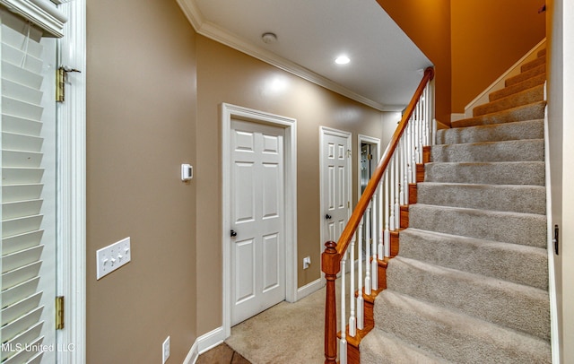 350 Edgewood Xing, Brandon, MS 39042 - stairs with ornamental molding, carpet flooring, and recessed lighting