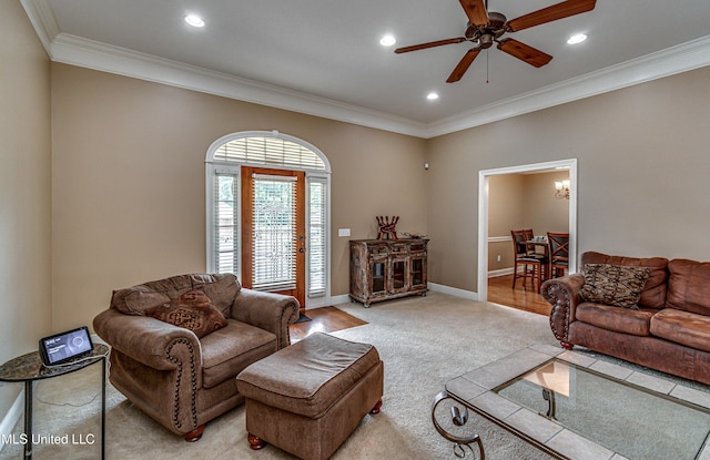 350 Edgewood Xing, Brandon, MS 39042 - living area featuring ornamental molding, a ceiling fan, recessed lighting, and light carpet