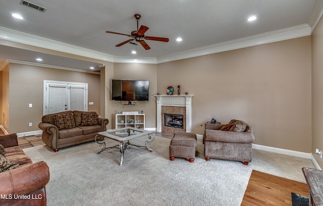 350 Edgewood Xing, Brandon, MS 39042 - living room featuring ornamental molding, ceiling fan, recessed lighting, a fireplace, and carpet floors