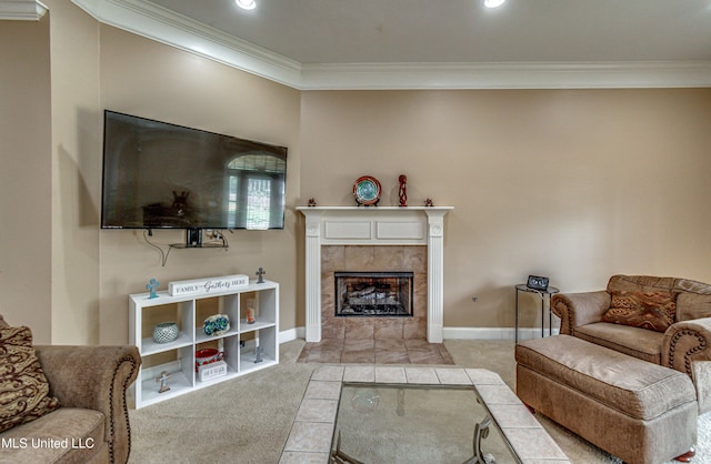 350 Edgewood Xing, Brandon, MS 39042 - living area featuring crown molding, a tiled fireplace, recessed lighting, and light carpet