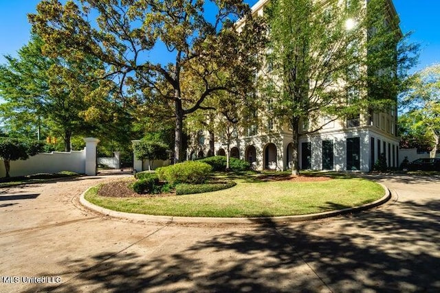 view of community with curved driveway and fence private yard