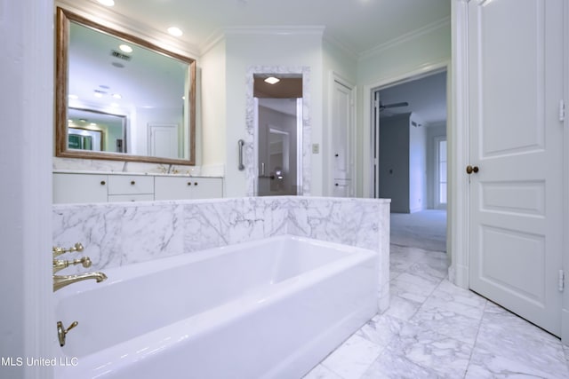 bathroom featuring recessed lighting, marble finish floor, ornamental molding, visible vents, and a garden tub