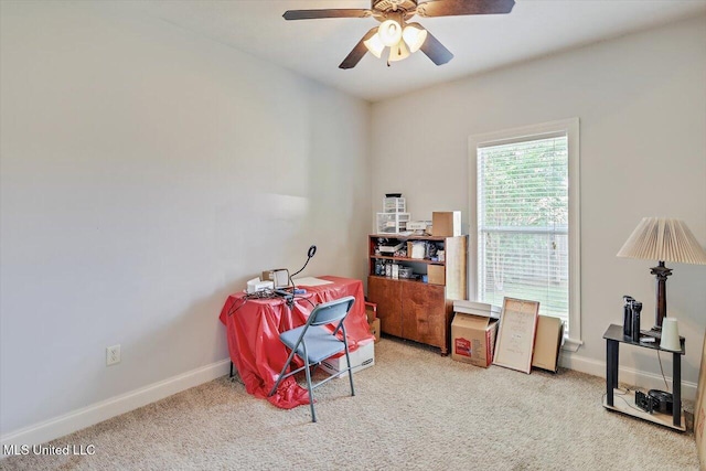 recreation room featuring ceiling fan, baseboards, and carpet