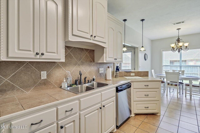 kitchen with stainless steel dishwasher, tasteful backsplash, a sink, a notable chandelier, and decorative light fixtures
