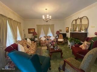 living room with crown molding and an inviting chandelier