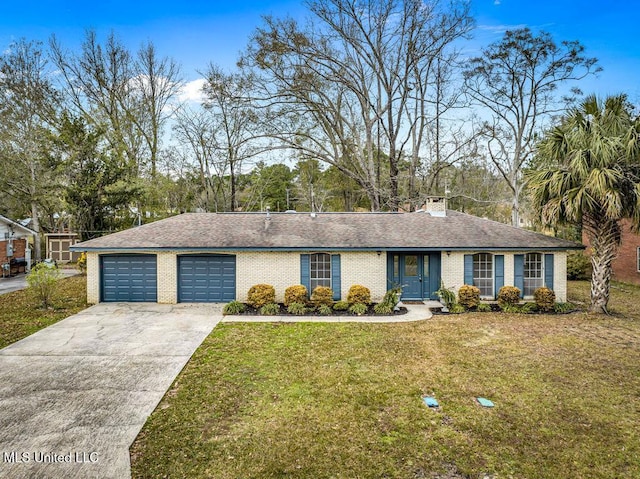 single story home featuring a garage and a front lawn