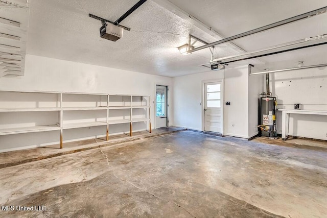 garage with water heater and a garage door opener