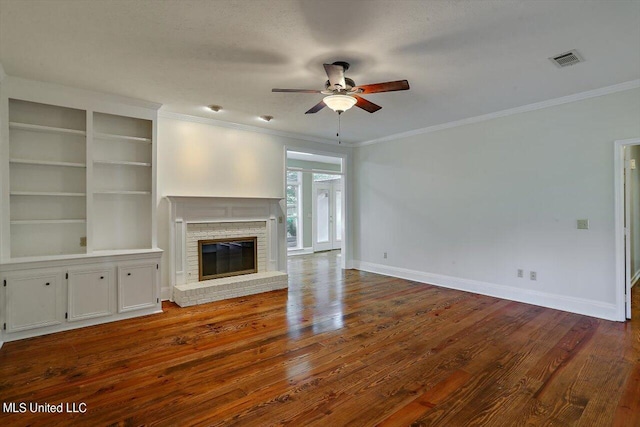 unfurnished living room with wood finished floors, baseboards, a ceiling fan, and visible vents