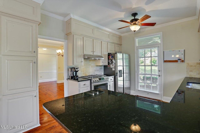 kitchen featuring under cabinet range hood, wood finished floors, a peninsula, appliances with stainless steel finishes, and ceiling fan with notable chandelier